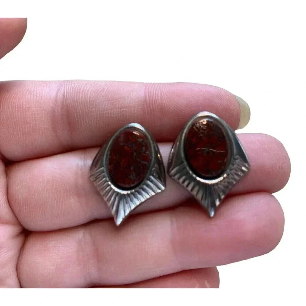 Vintage Silver Brecciated Jasper Earrings Oval Stone Boho Hippie Natural 1in - Picture 2 of 5